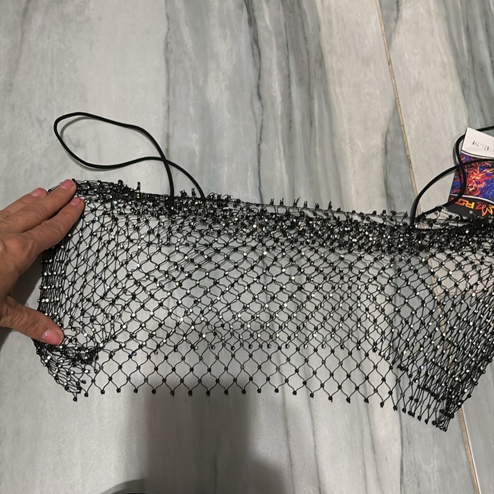 NWT Black Mesh Drawstring top Rave - Picture 2 of 4